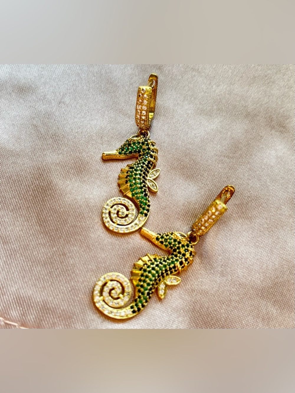 gold tone seahorse crystal drop earrings